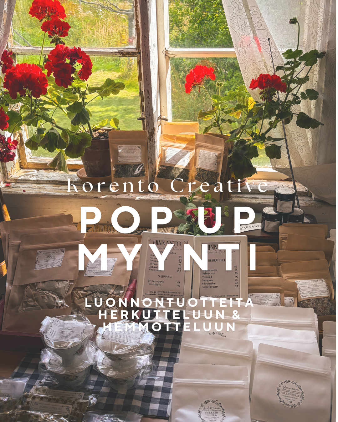 Sunlit window display with red geraniums, potted herbs, and herbal products on pop up sale. Pop up sale for korento creative natural products