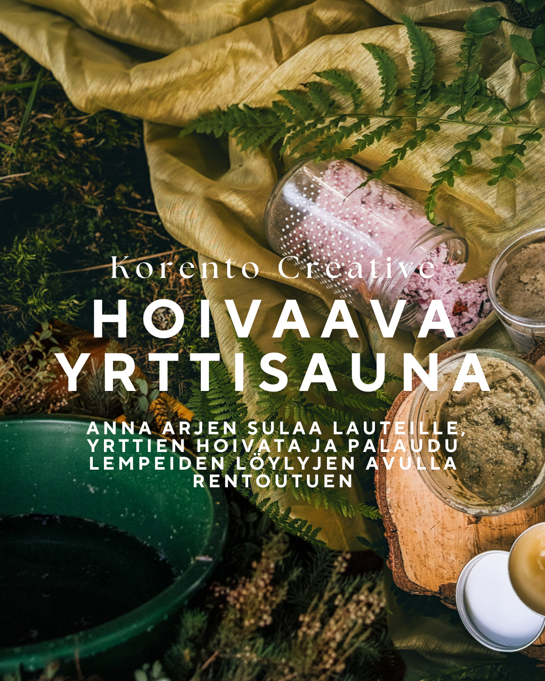 Green herbs and fern leaves on gold fabric, jars and bowls with pink salt crystals. Foot bath, advertising healing sauna ritual from korento creative